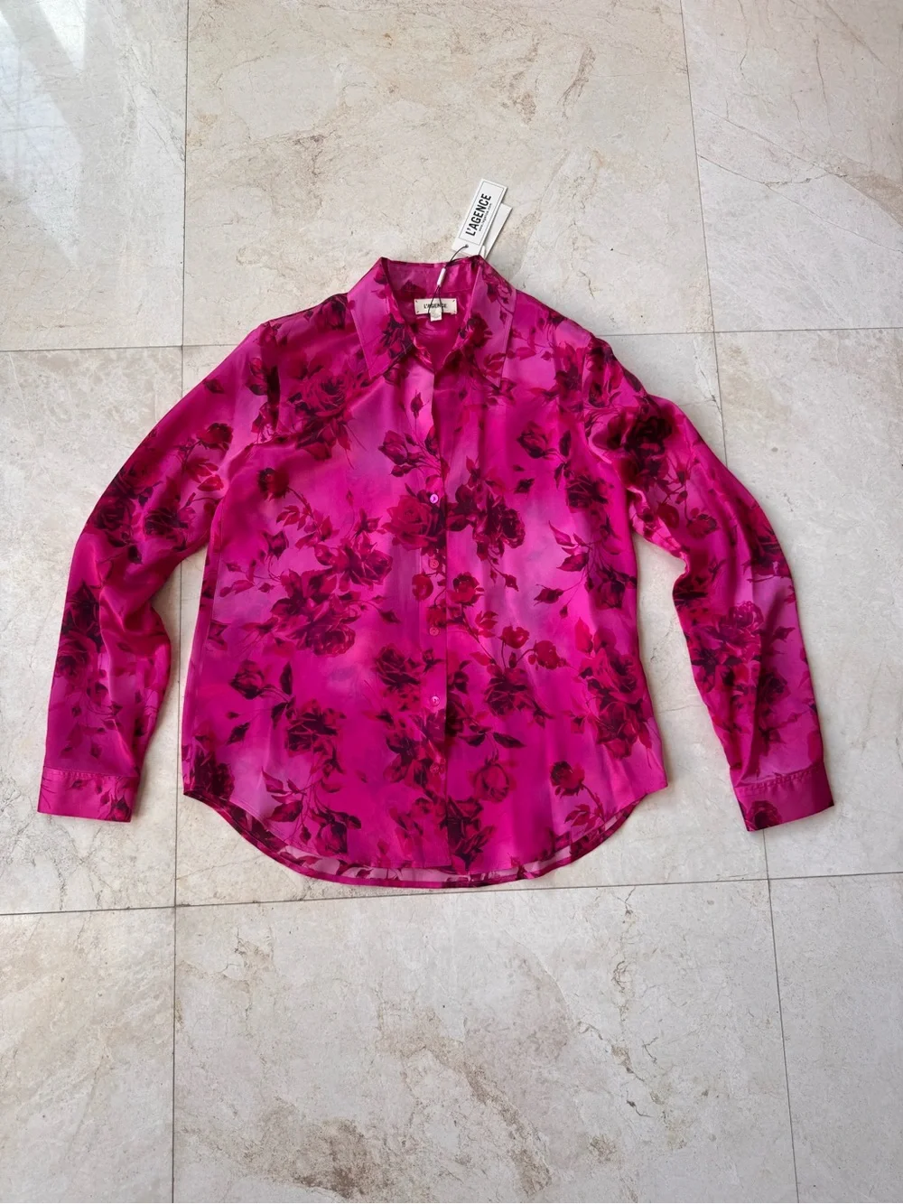 L’Agence Tyler Silk Floral Split-Neck Button Front Blouse - Fuchsia Pink size M - Picture 3 of 10